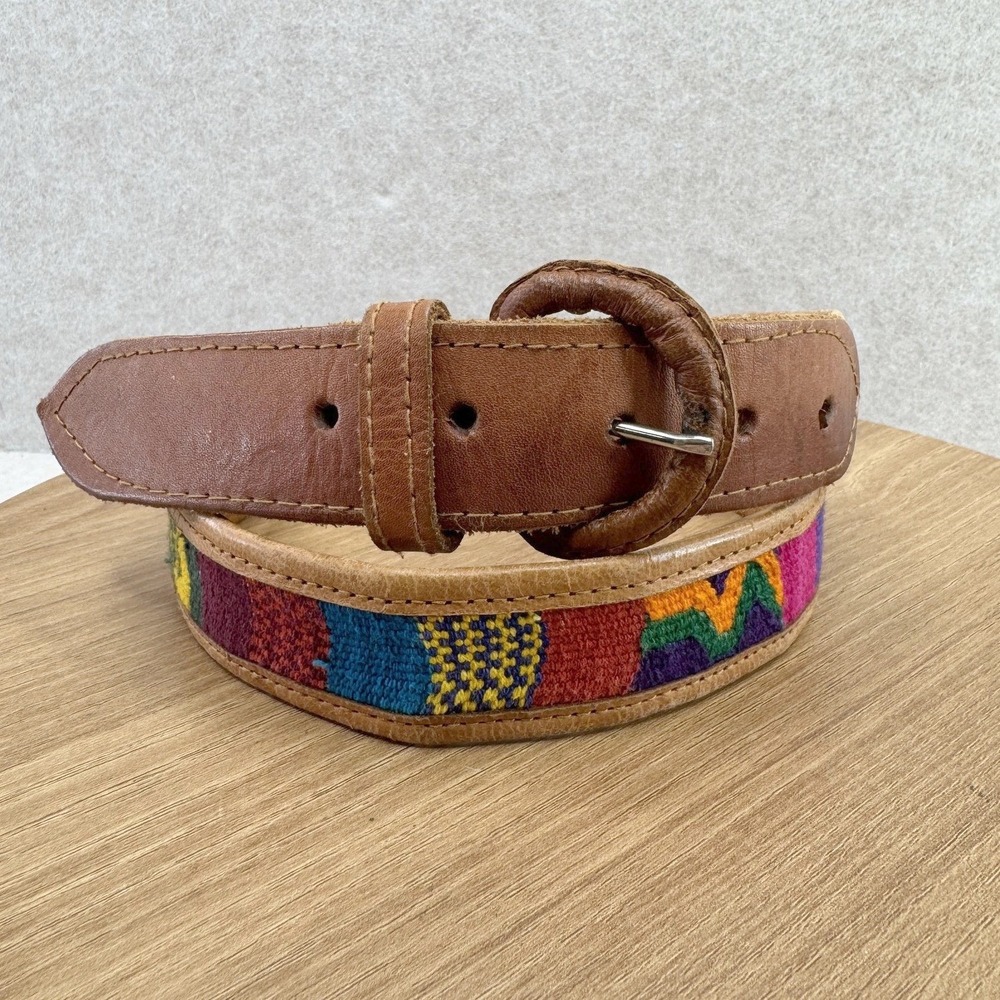 Leather Woven Belt Womens Size 36 Multicolor Geometric Fabric Buckle Handwoven